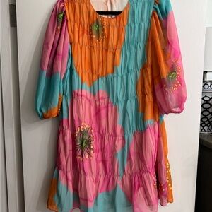 Trina Turk Blue and Pink Asymmetrical Tiered Sundress